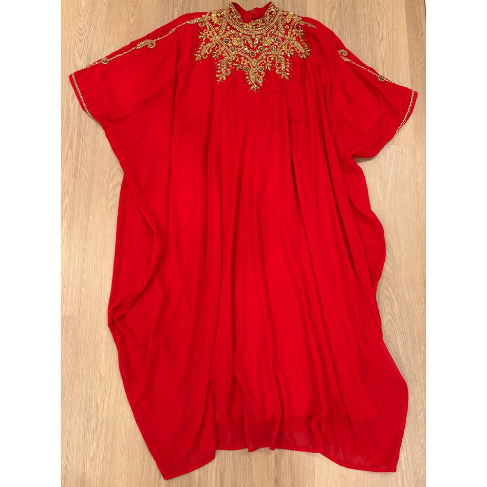 Aniiq red kaftan maxi/full length gold details dress w/ scarf womens size Large